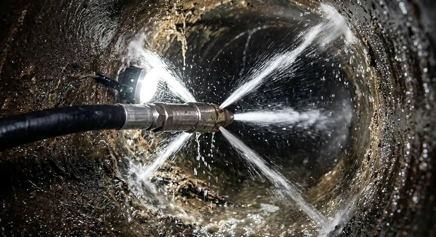 High-pressure hydro jetting nozzle cleaning sewer pipe for Sewer Line Relining in Hopatcong