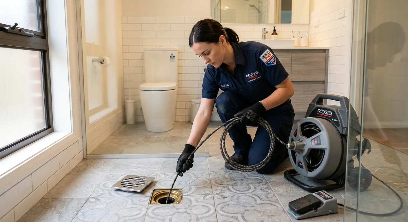 Technician clearing a bathroom floor drain for Drain Repair in Hopatcong